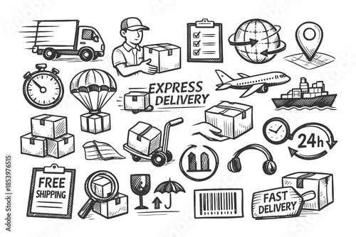 Express Delivery and Logistics Line Art Icon Set Showing Courier Services, Shipping Methods, and Fast Transportation Solutions in Hand Drawn Vector Illustration