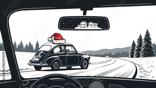 Vintage car driving through snowy landscape with Santa hat on roof