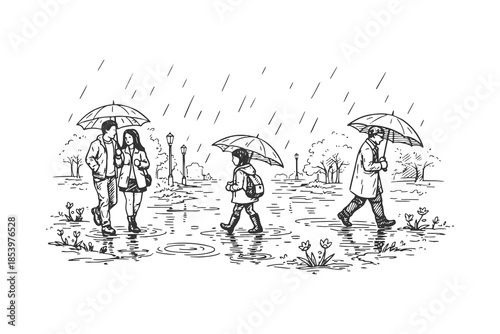 Rainy Day People Walking Scene Illustrated in Expressive Hand Drawn Line Art Style Showing Urban Life, Weather Mood, and Daily Activities as Vector Art