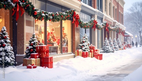 Festive Storefront Decorated for Christmas with Snow