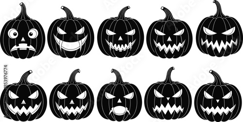 Halloween pumpkin face icon set featuring scary jack o lantern expressions spooky dark monochrome vector illustration collection design