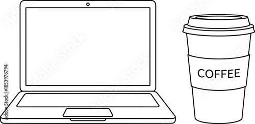 Modern minimalist laptop and coffee cup line art vector icon for remote work digital nomad lifestyle and professional office branding elements.