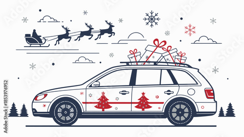 Holiday road trip with Santa's sleigh and festive car