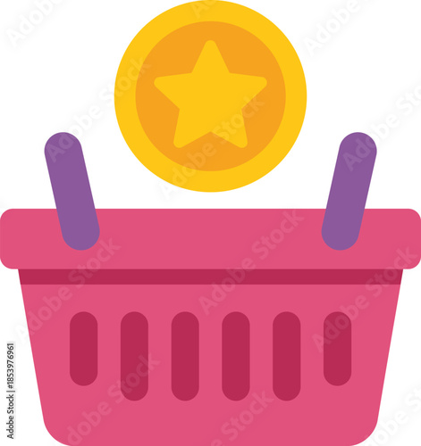 Pink shopping basket with a golden coin and star floating above, representing customer loyalty programs and rewards