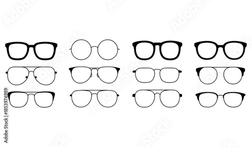 Collection of different eyeglasses frames on white background