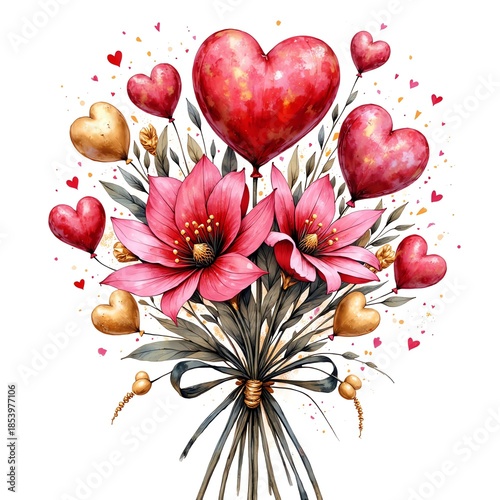 Romantic bouquet of pink flowers with hearts for Valentine’s Day