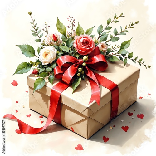 Gift box with red ribbon and flowers for Valentine’s Day

