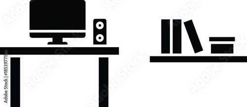 Modern minimalist office furniture silhouette vector icons featuring computer desk monitor and bookshelf for workspace organization remote work and interior design.