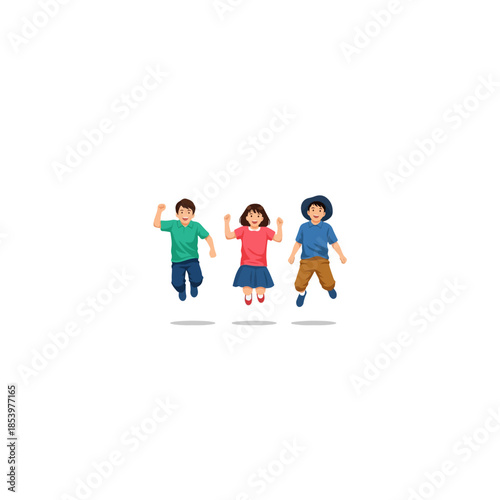 Three joyful children jumping in the air.