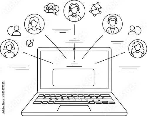 line drawing of a laptop with people icons around it on a transparent background