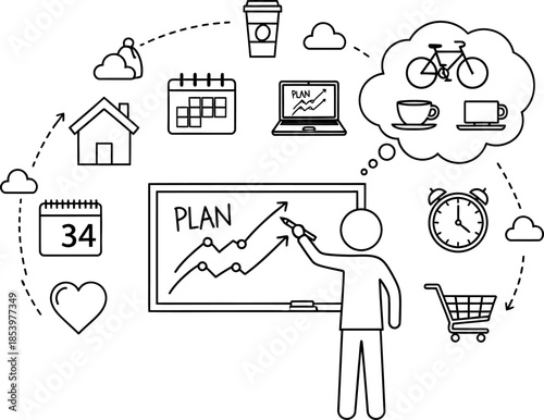 Line style illustration of a person planning and organizing daily life and work activities