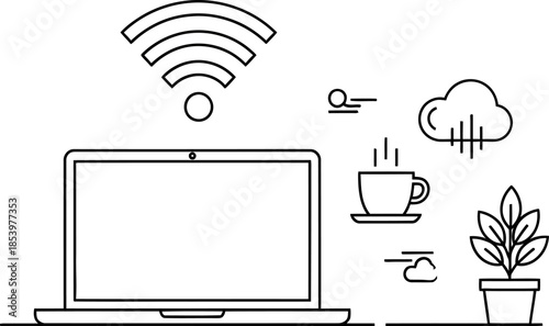 line drawing of laptop with internet connection and office accessories on white background