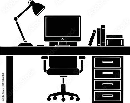 office desk with computer and chair and lamp and books on white