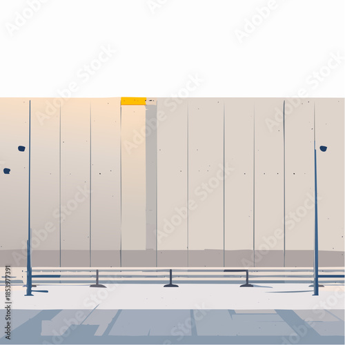 Modern minimalist urban outdoor scene featuring a large, clean wall and array of streetlights, creating a tranquil yet contemporary city backdrop with ample copy space
