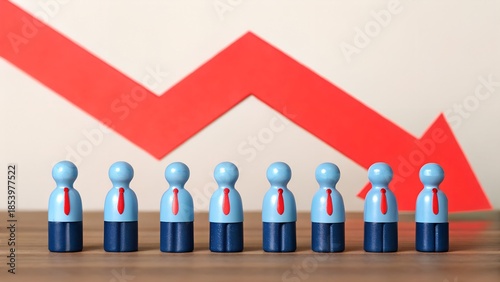 Employment Decline – Abstract Row of Business Figures with Red Downward Arrow Representing Job Loss and Financial Stress, employment, decline, abstract, business, figures, job, loss, financial, stress