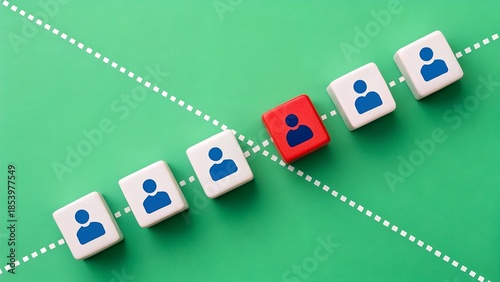 Standout Selection – Abstract Diagonal Line of Person Icons with Red Block Highlighting Individuality on Green Background, standout, selection, abstract, recruitment, individuality, contrast, person