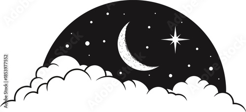 night sky with crescent moon and stars above clouds at nighttime