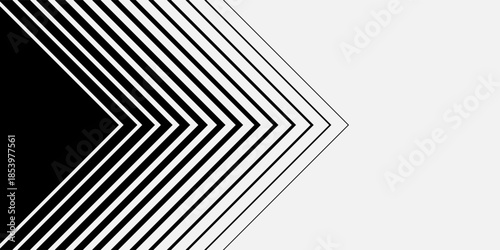 Minimal Latar Belakang Hitam dan Putih dengan Panah Mengarah Ke Kanan. Transisi Bergaris dari Garis Hitam ke Garis Tegas Abstrak Putih. Pola Sederhana.