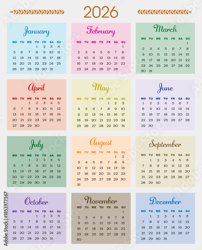 2026 yearly calendar with all months in colorful blocks. Clean modern layout with clear dates. Perfect for planner print wall calendar office home and stationery design.