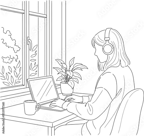 woman sitting at desk working on laptop wearing headphones at home office