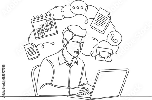 a man sitting at a desk working on a laptop with business and communication thoughts