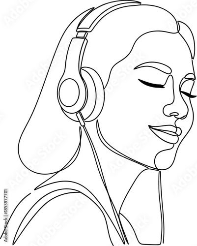 Woman wearing headphones and listening to music with closed eyes and a relaxed expression on her face