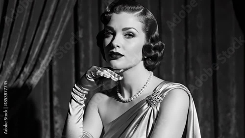 Elegant Black and White Portrait of a Glamorous Woman in Vintage Attire.