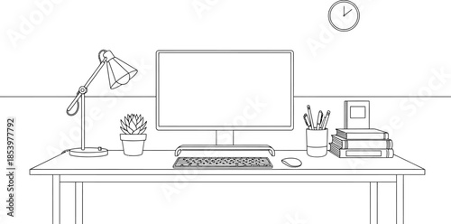 line drawing of office desk with computer and office supplies on it in a modern workspace