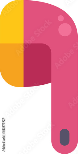 Pink and yellow wireless earbud hanging down, ready for listening to music