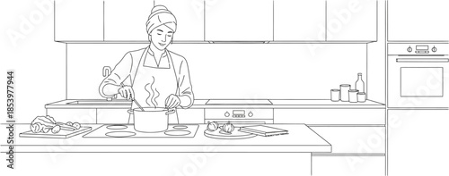 Woman cooking in a modern kitchen with a pot on the stove and ingredients on the countertops she is stirring food