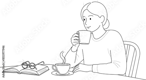 Woman sitting at a table with a cup of coffee and a book in a relaxed setting