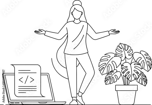 woman standing next to laptop with code on screen and potted plant