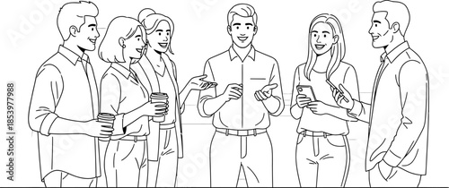 group of young adults chatting and smiling while standing together in casual office setting