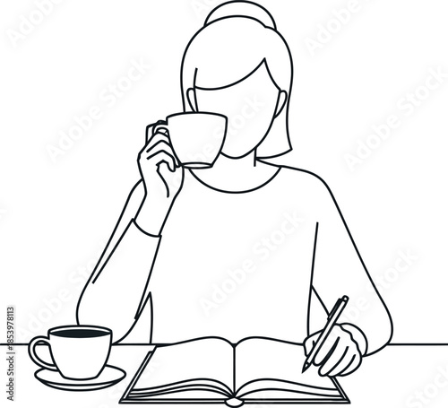 woman sitting at a table drinking coffee and writing in a book with a cup and saucer