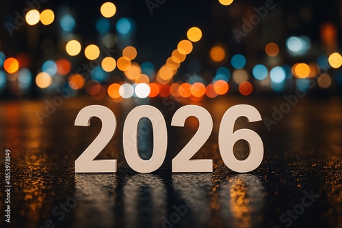 The year 2026 illuminated by vibrant city lights on a reflective night street