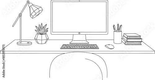 line drawing of a desk with computer and office supplies on it