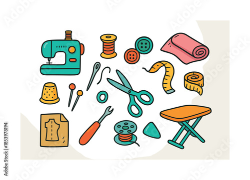 Sewing tools flat icons set. featuring sewing machine, scissors, thread, tape measure, spool, buttons