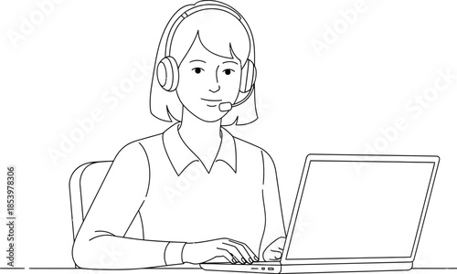 Woman wearing headset and working on laptop computer in office setting