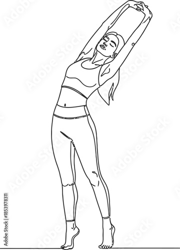 woman in yoga pose stretching arms up over head in one line drawing style