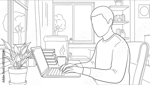 Man working on laptop at home desk with coffee and plants around him in a cozy interior