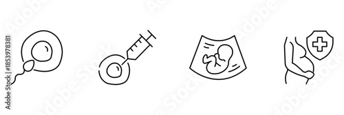Pregnancy IVF icon set, natural sperm fertilization, egg injection procedure, fetal ultrasound monitoring, expectant mother health protection outline illustration.