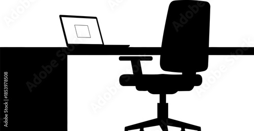 Office workspace with laptop computer and chair on white background