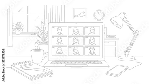 line drawing of a laptop on a desk with a video conference on the screen in a office