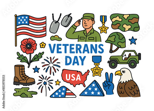 Veterans day flat icon set. featuring soldier, flag, medal, helmet, eagle, jeep, and fireworks symbols