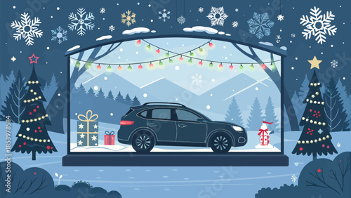 Festive holiday scene with car on display in snowy mountain landscape