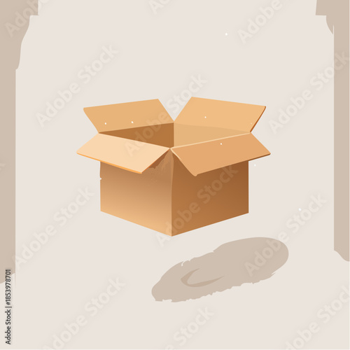 Empty cardboard box with open flaps casting a shadow on a beige background