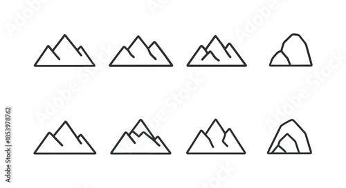 Mountain linear icon set. featuring peak, range, rock, summit, and nature symbols