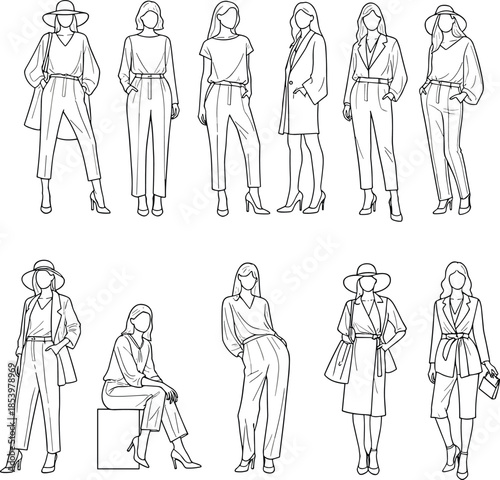 Elegant women poses, fashion sketch, stylish outfits, modern clothing, female attire, accessories, cad drawing flat vector illustration