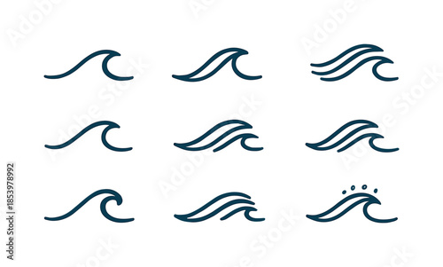 Ocean waves linear icon set. featuring beach, surf, tide, swell, sea, curling wave, breaker, and crest symbols