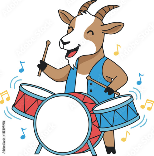 Vector illustration of a cute cartoon goat character playing a drum set.